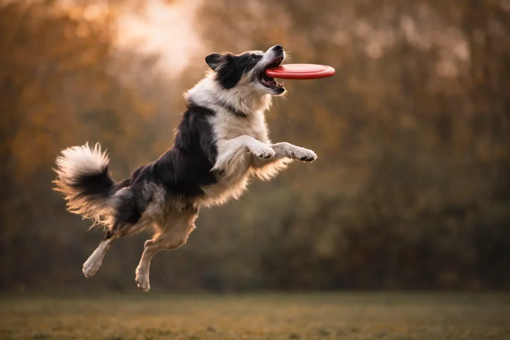 Border Collie realizando ejercicio avanzado de adiestramiento canino profesional con frisbee

