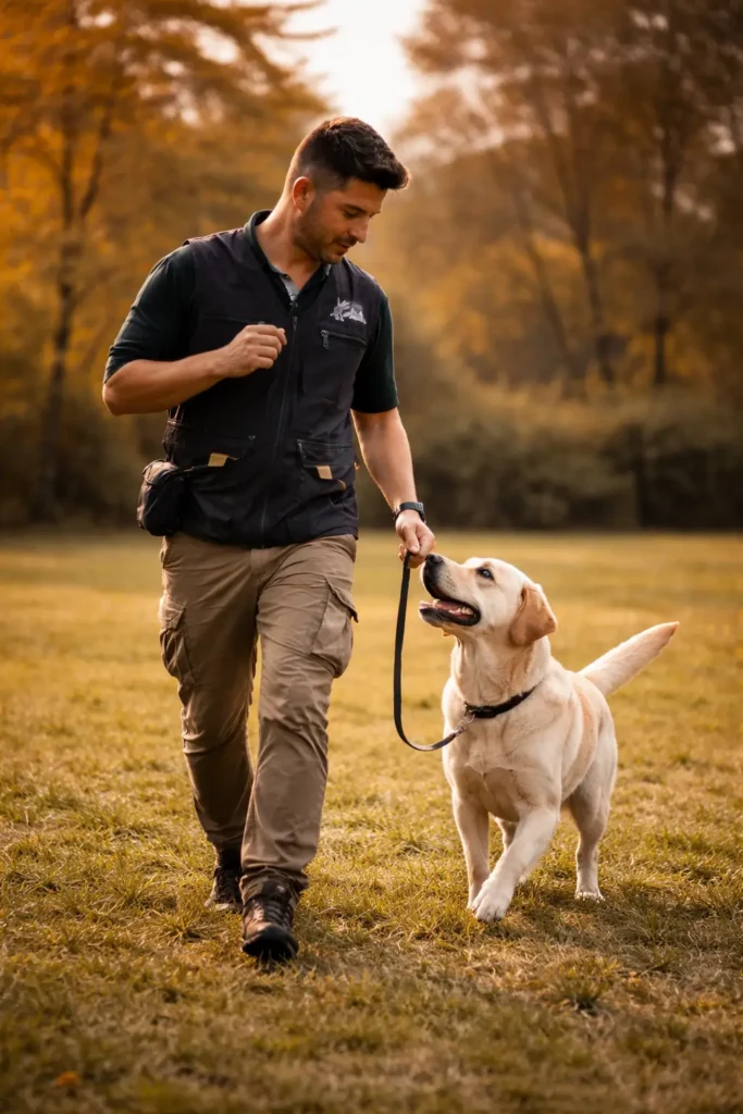 Sesión práctica de educación y adiestramiento canino profesional en entorno natural
