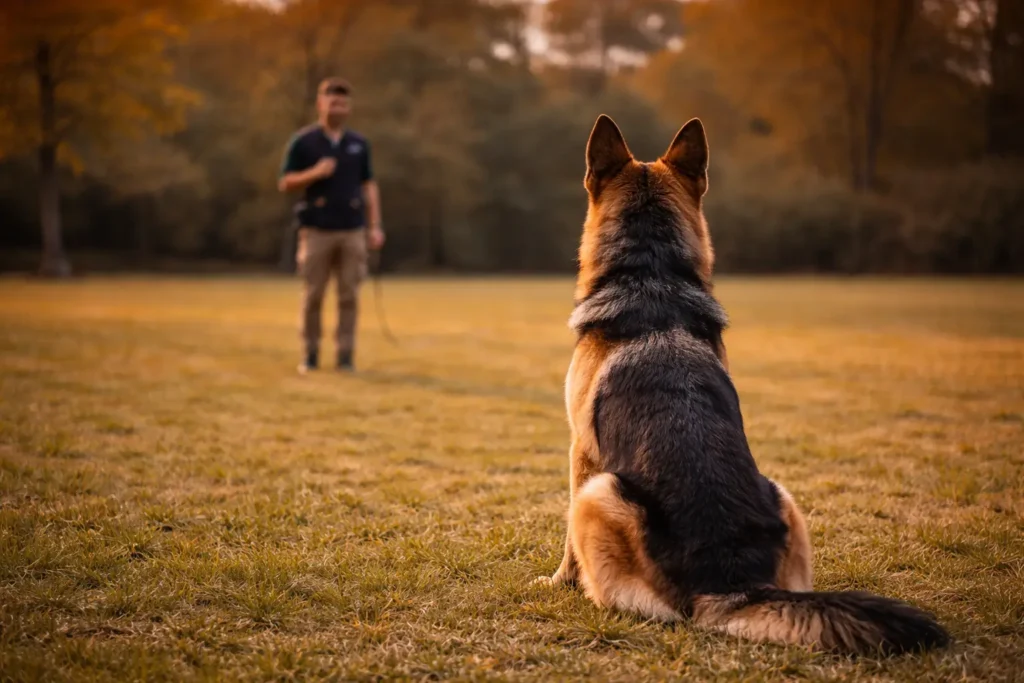 Pastor alemán en práctica de educación y adiestramiento canino profesional
