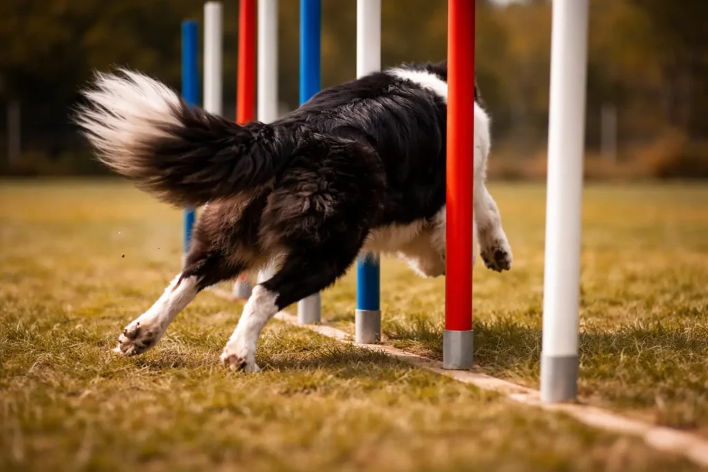 Perro realizando ejercicio de zig zag en balizas durante entrenamiento de adiestramiento canino profesional
