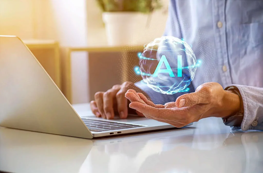 Emprendedor utilizando inteligencia artificial desde su portátil para crear un negocio digital