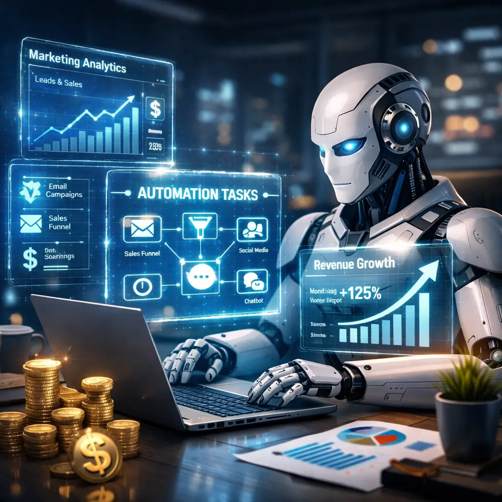 Agente de inteligencia artificial automatizando tareas de marketing digital y analizando datos de negocio online