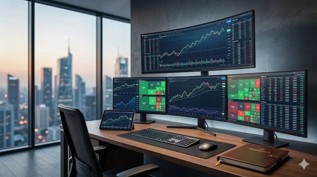 Setup de trading profesional con múltiples monitores y gráficas del Nasdaq, aspiracional para alumnos de Tradeando.