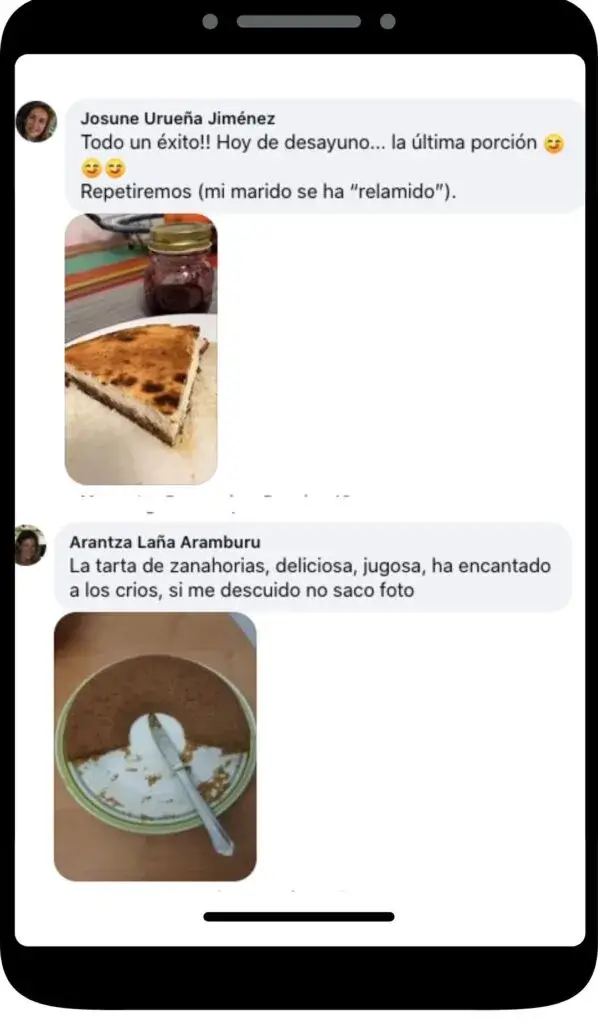 Captura de pantalla de la comunidad privada con la opinión positiva de Alba Guijarro Díaz sobre el curso de repostería limpia
