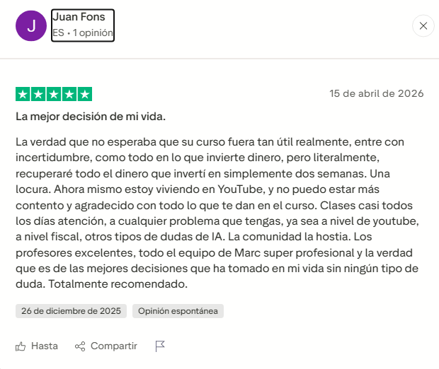 Captura de ingresos de un canal faceless de un estudiante de Marc Basi