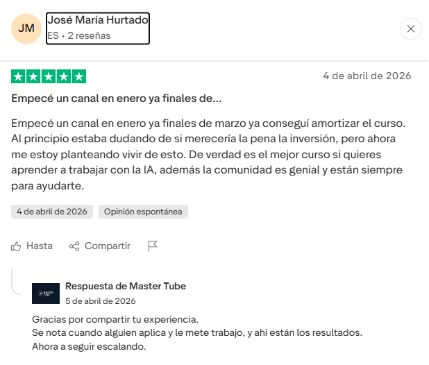 Estadísticas de ganancias en YouTube Studio de un alumno de MasterTube