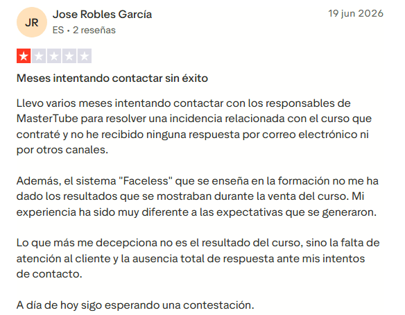 Crítica u opinión negativa sobre el soporte de MasterTube