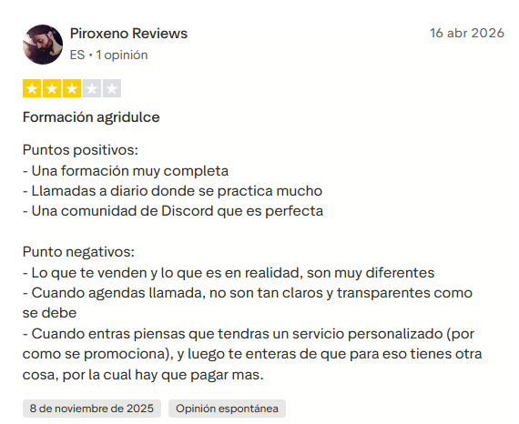 Reseña de alumno insatisfecho respecto a sus expectativas iniciales