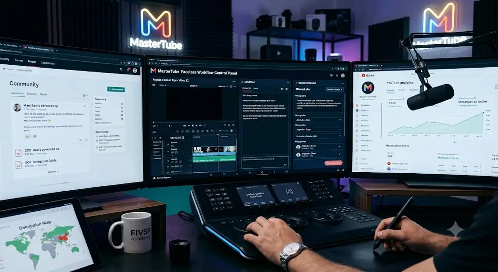 Persona analizando métricas de rendimiento y automatización de canales de YouTube desde un entorno de trabajo doméstico