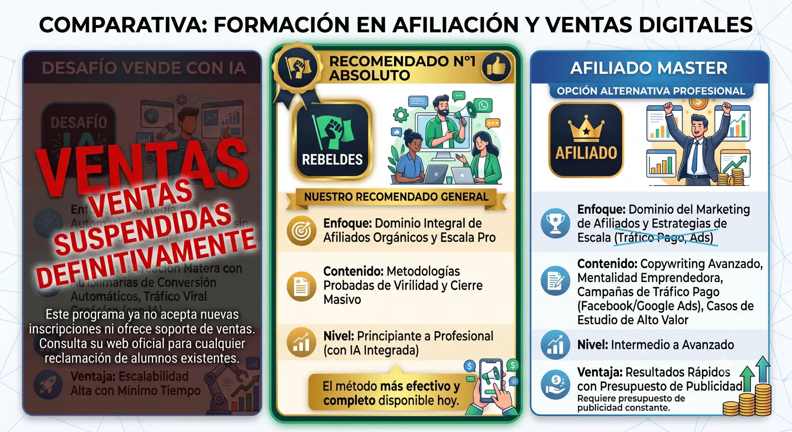 Gráfico comparativo entre Rebeldes Digitales, Desafío Vende con IA y Afiliado Master